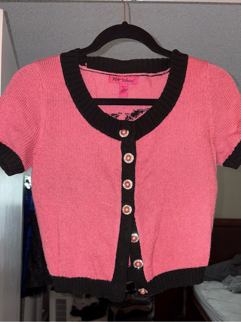 Betsey Johnson Pink and Black Pearl-Button Cropped Cardigan